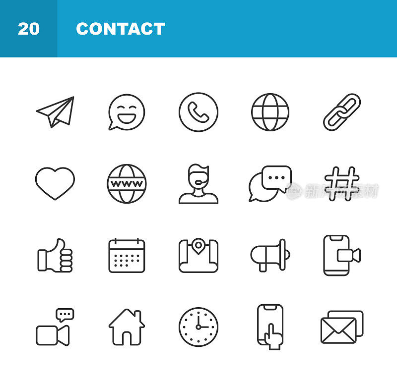 联系我们线路图标。可编辑的中风。像素完美。移动和网络。包含日历、聊天、电子邮件、常见问题、链接、地图、会议、消息、导航、办公室、播客、搜索引擎优化、社交媒体、语音泡泡、文本消息、视频会议等图标。