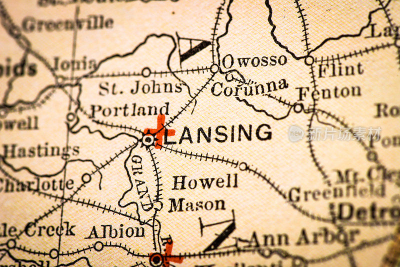古董地图集地图宏观特写:兰辛，密歇根州