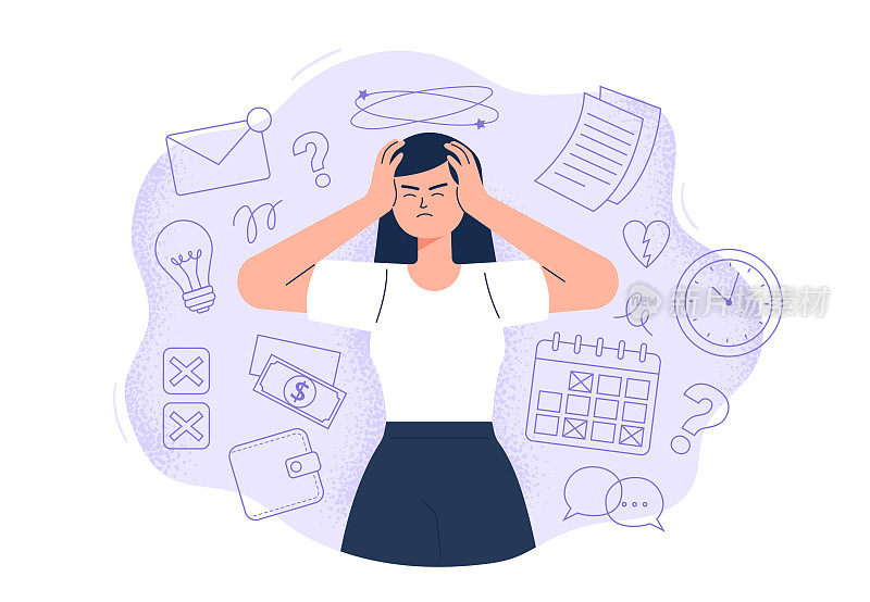 一个头痛的女人经历了不同的问题。紧张、疲劳和疼痛。压力和疲劳的概念。平面风格的矢量插图的背景。