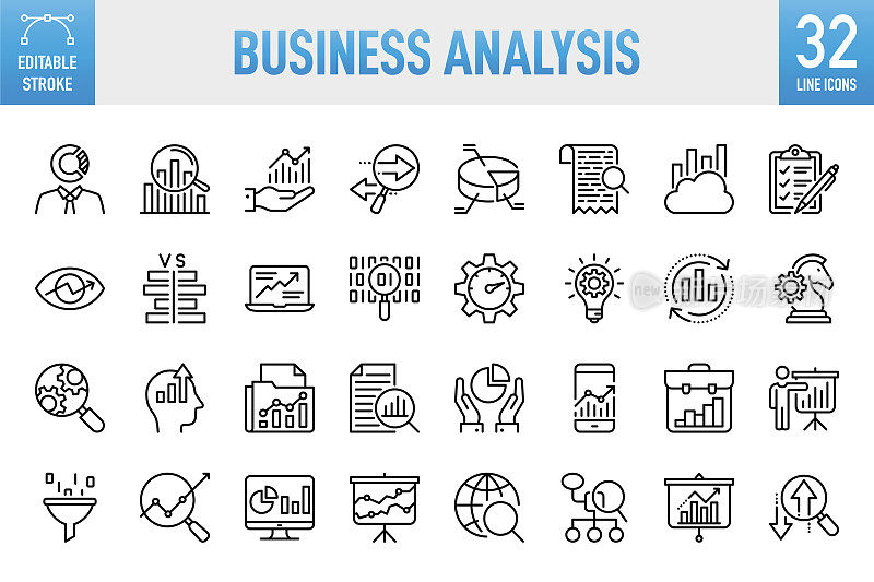 业务分析-细线矢量图标集。像素完美。可编辑的中风。移动和网络。该集合包含图标:分析，数据，大数据，研究，检查，图表，图表，专业知识，规划，建议