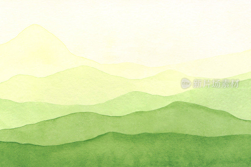 水彩，抽象，纹理背景与绿色的山丘，田野和山脉的观点。