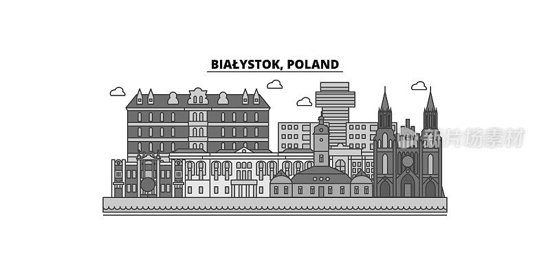 波兰比亚韦斯托克市天际线孤立矢量插图，图标