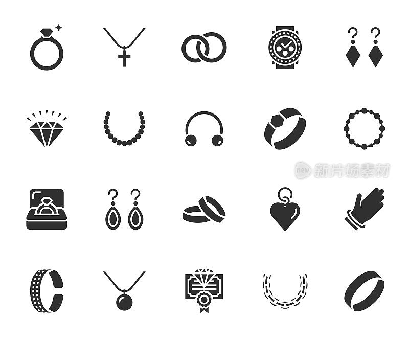 矢量集珠宝平面图标。包含图标戒指，钻石，耳环，手镯，项链，链，吊坠和更多。像素完美。