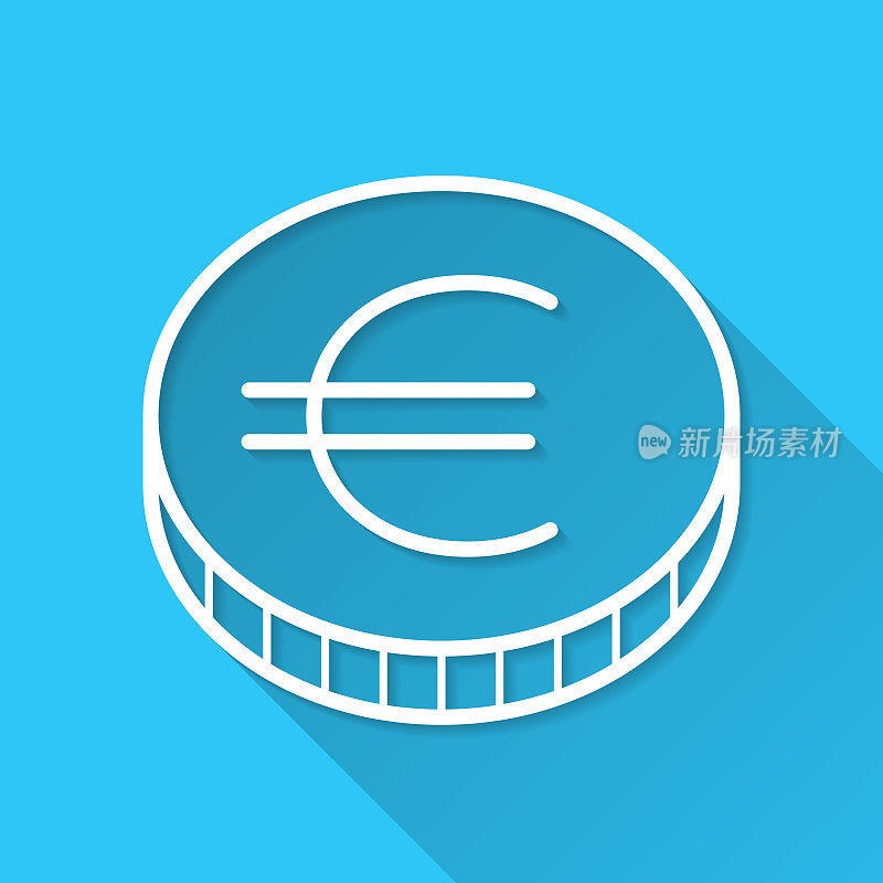 欧元硬币。图标在蓝色背景-平面设计与长阴影
