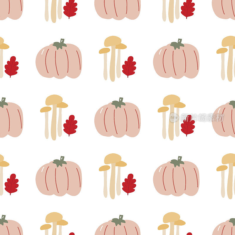 南瓜矢量图案。秋日农家乐天衣无缝的背景。感恩节粉红南瓜配蘑菇