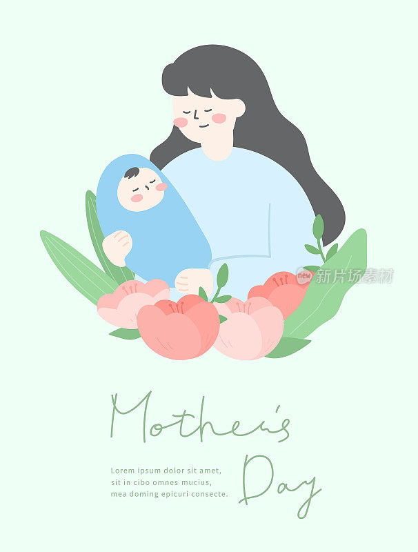 母亲节海报，母亲抱着鲜花的婴儿。