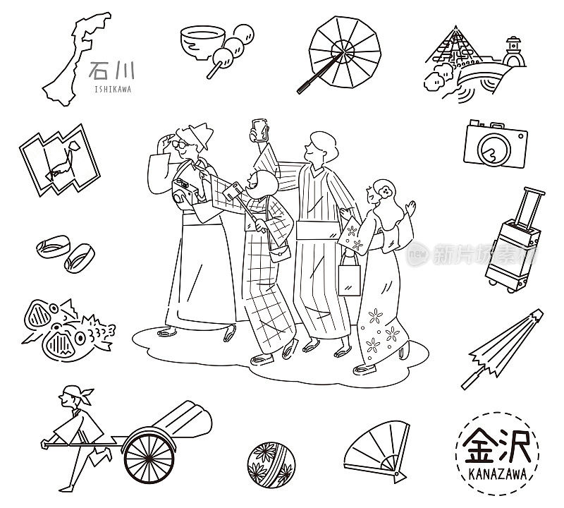 日本石川，一组身穿和服和金泽著名景点图标的外国游客(线条画(WB))