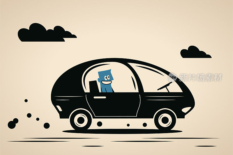 一个面带微笑的蓝色男人坐在自动驾驶汽车、自动驾驶汽车、无人驾驶汽车或机器人汽车(robocar)里。