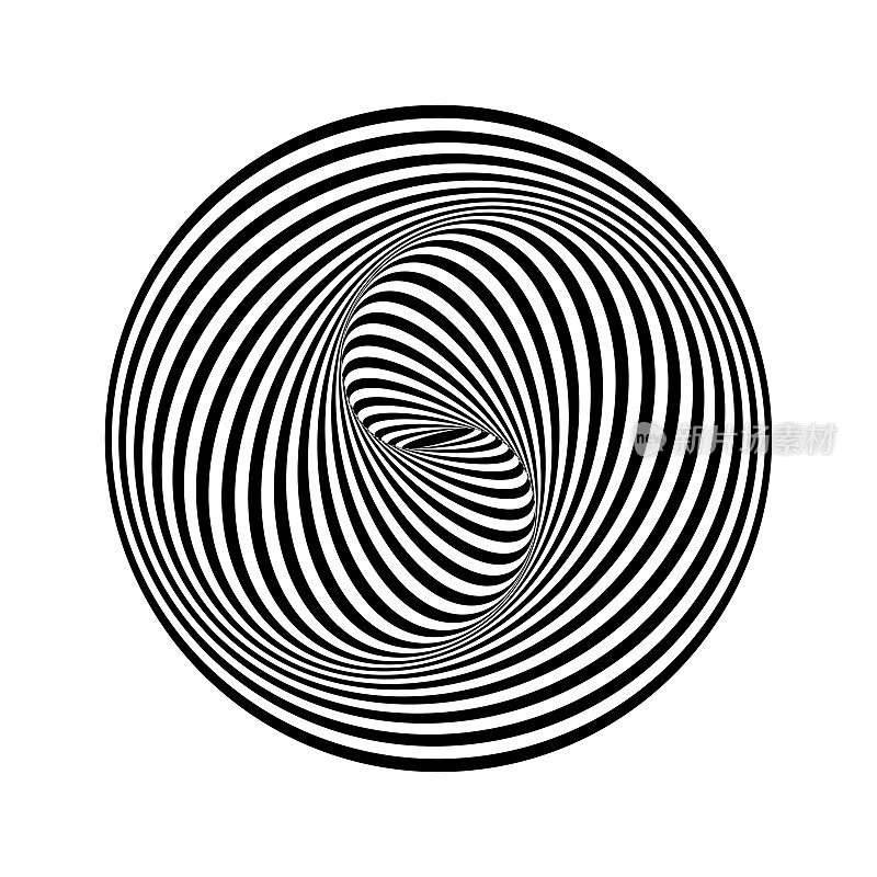 扭曲的视错觉。黑白漩涡线。条纹扭曲图案，具有动态效果。几何元素