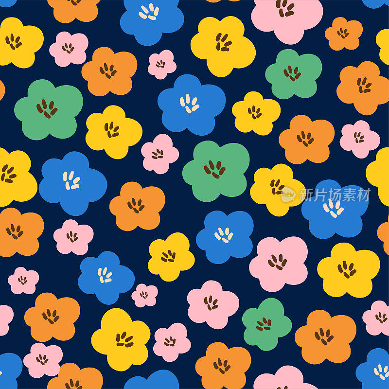 雏菊花图案。矢量简单的斯堪的纳维亚花在深蓝色的背景。夏季彩色印花。