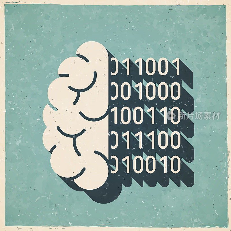 大脑用二进制编码。图标复古复古风格-旧纹理纸