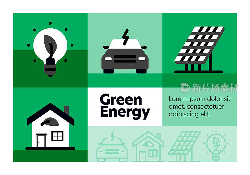绿色能源线图标集和横幅设计。