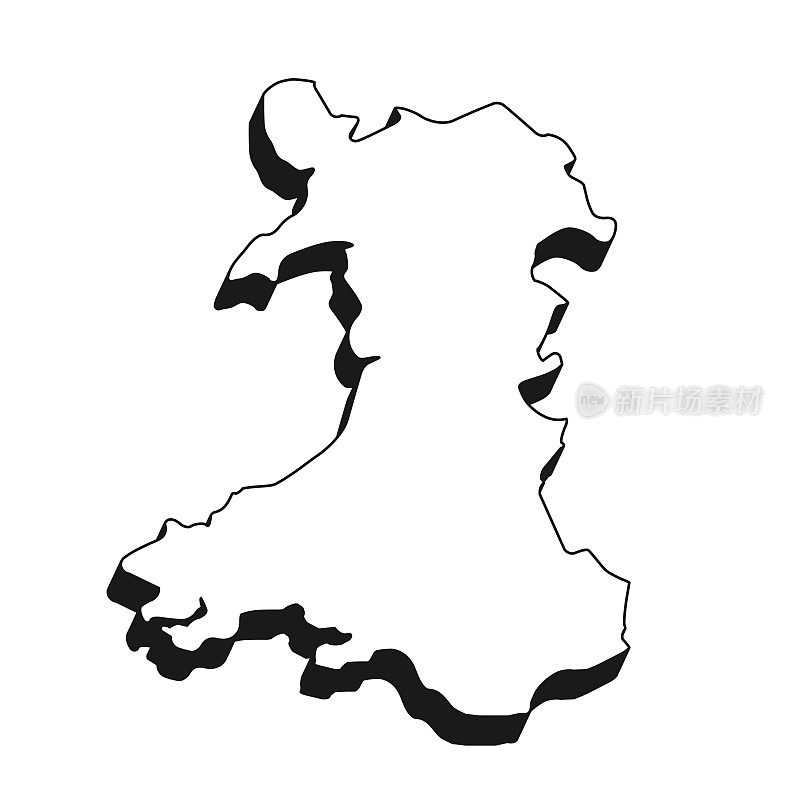 威尔士地图与黑色轮廓和阴影在白色背景