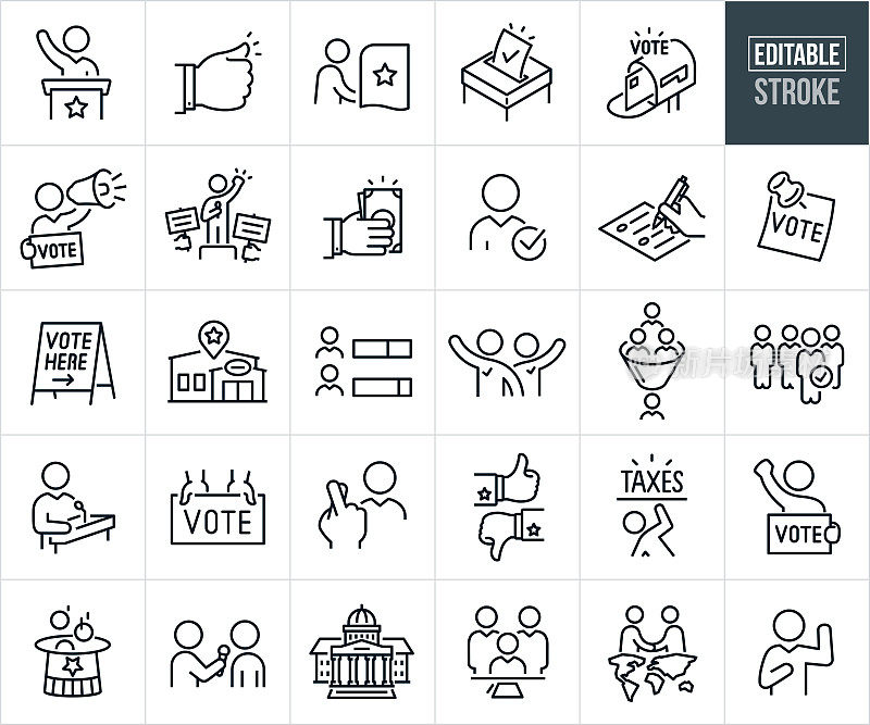选举和投票细线图标-可编辑的笔画