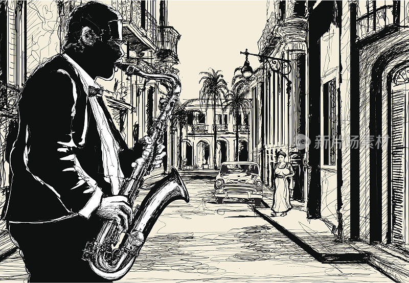 在古巴的一条街上演奏萨克斯管