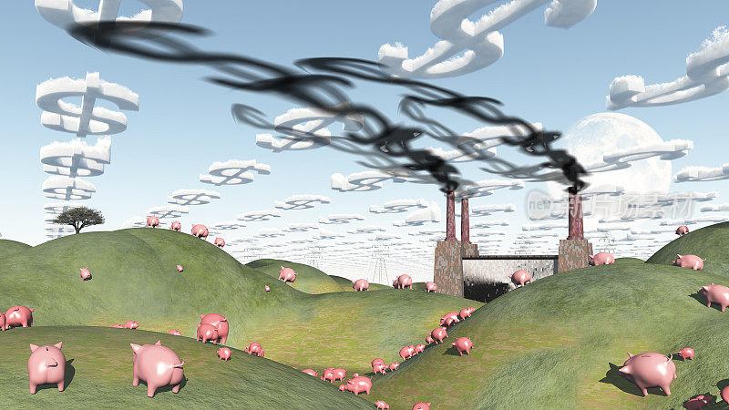 工厂和猪向工厂移动的超现实景观