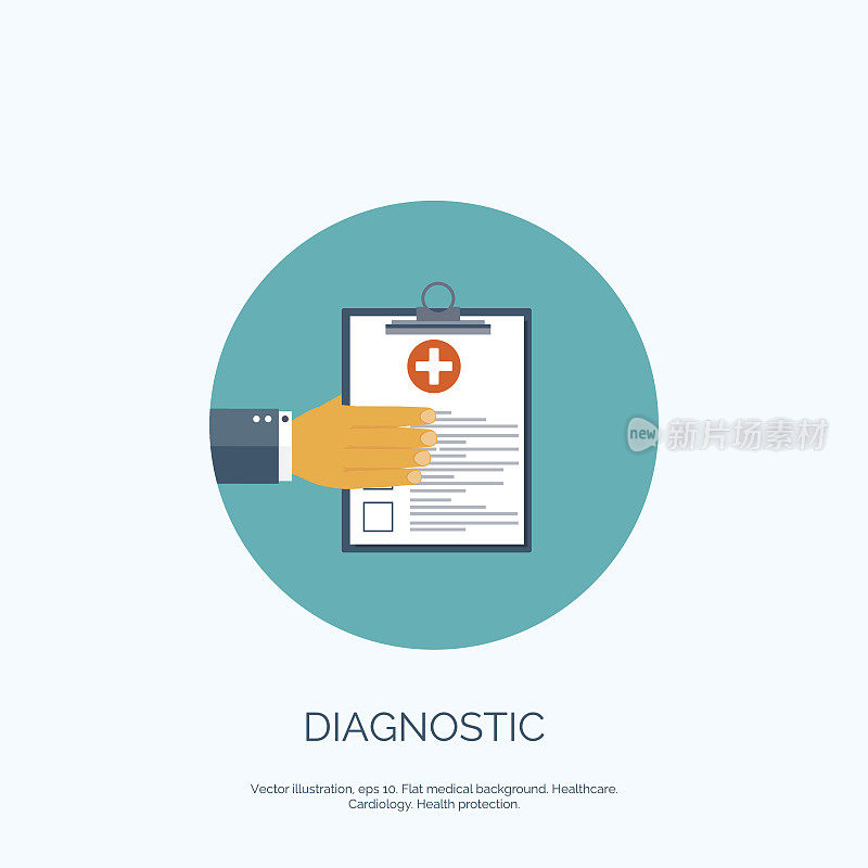 矢量插图。背景平坦，有手和医疗报告。第一个
