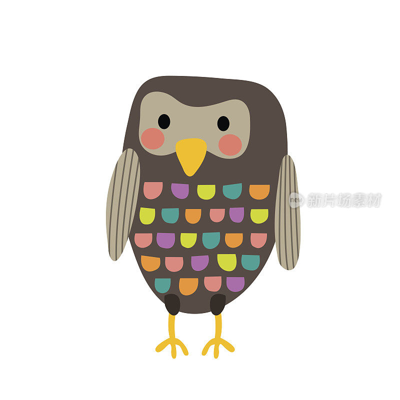 站立彩色猫头鹰鸟动物卡通人物矢量插图。
