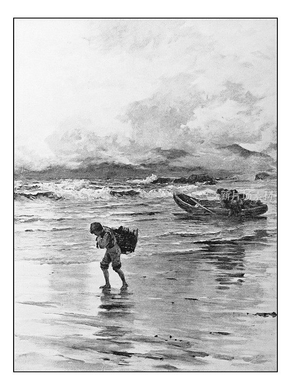 古董点印绘画照片:人离开船