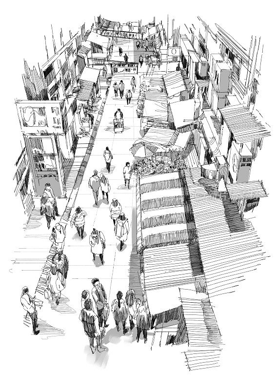 人们走在市场街上的手绘素描