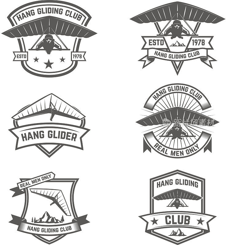 悬挂滑翔俱乐部的标志。设计元素的标签，徽章，标志。矢量图
