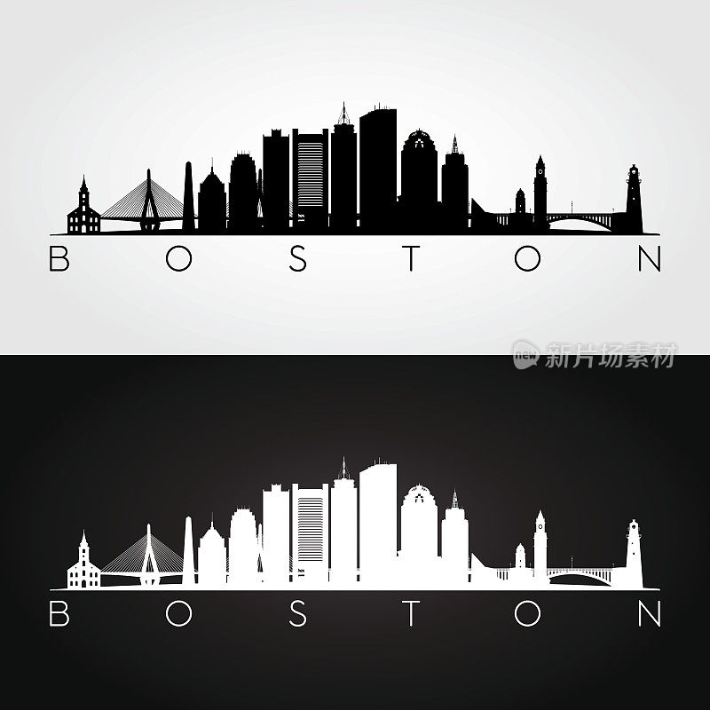 美国波士顿的天际线和地标剪影，黑白设计，矢量插图。