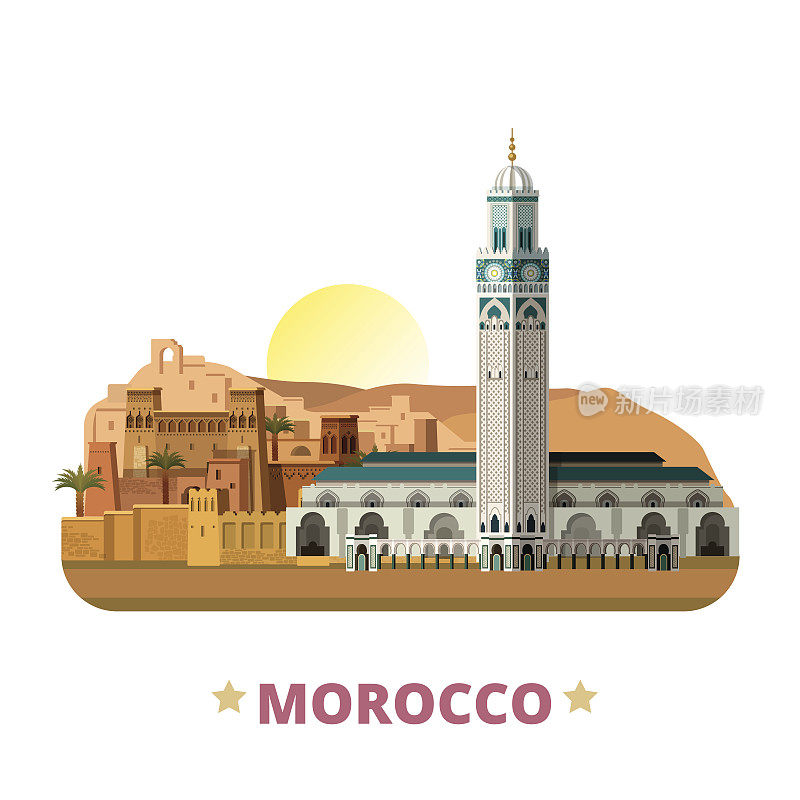 摩洛哥国家磁铁设计模板。平面卡通风格的历史景观展示网站矢量插图。世界度假旅游观光非洲非洲收藏。塔姆达特哈桑二世清真寺