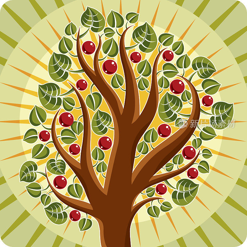 树与成熟的苹果放置在程式化的背景，收获季节主题插图。丰饶和多产是象征意象。