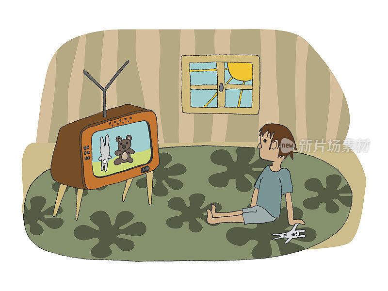 矢量手绘插图的一个孩子sting在地板上和看电视