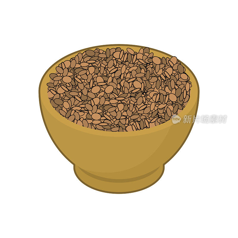 扁豆在木碗中孤立。木碟中的格栅。白色背景上的纹理。矢量图