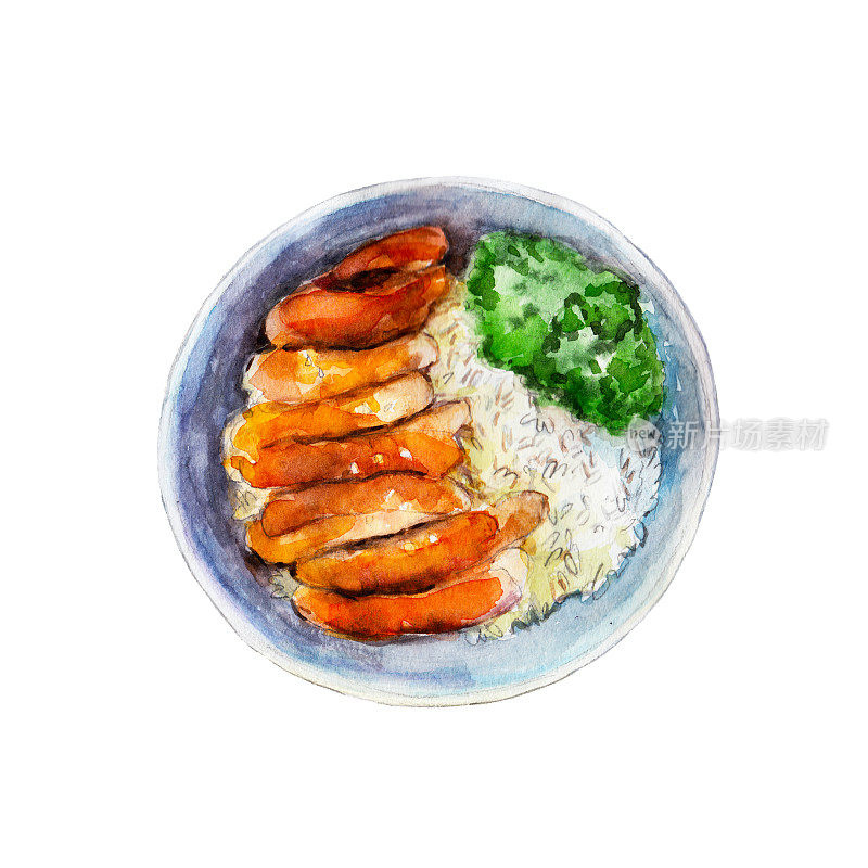 鸡红烧米饭和蔬菜，水彩插图孤立在白色背景。