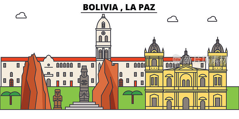 玻利维亚拉巴斯勾勒天际线，玻利维亚平细线图标、地标、插图。玻利维亚，拉巴斯城市景观，玻利维亚旅游城市矢量旗帜。城市的轮廓