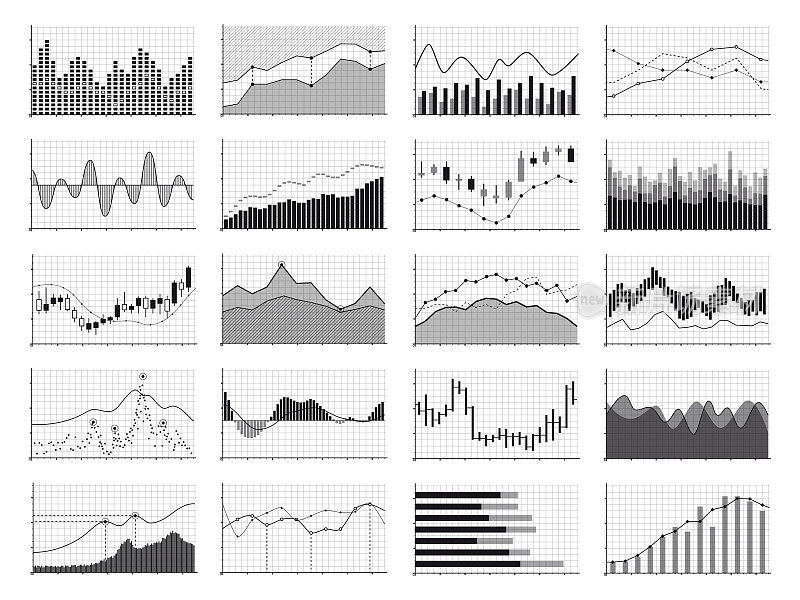 股票分析图形或业务数据财务图表孤立在白色背景上