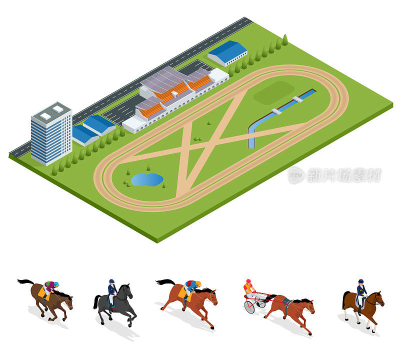 等距外部赛马场和设置骑师对马，冠军，骑马为运动背景。种马赛道。矢量插图。马术运动