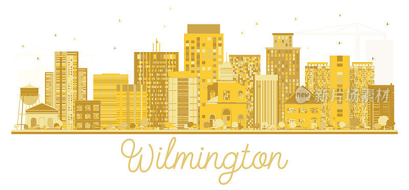威明顿美国城市天际线金色剪影。