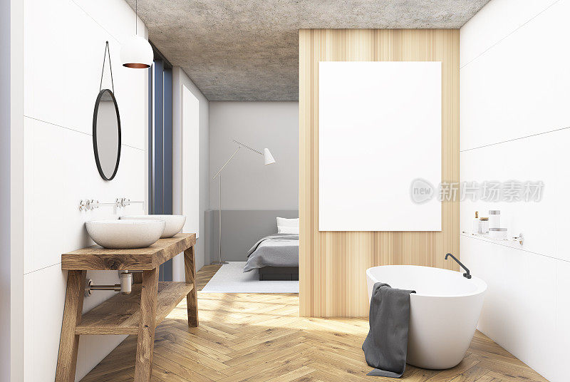白色木质浴室和一间卧室