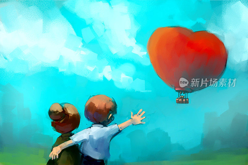 一对老年夫妇看着红心形状的气球