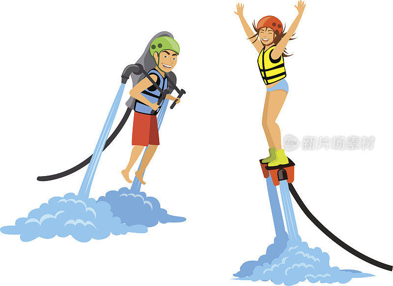 男人和女人飞滑板和水上喷气背包。极限水上运动