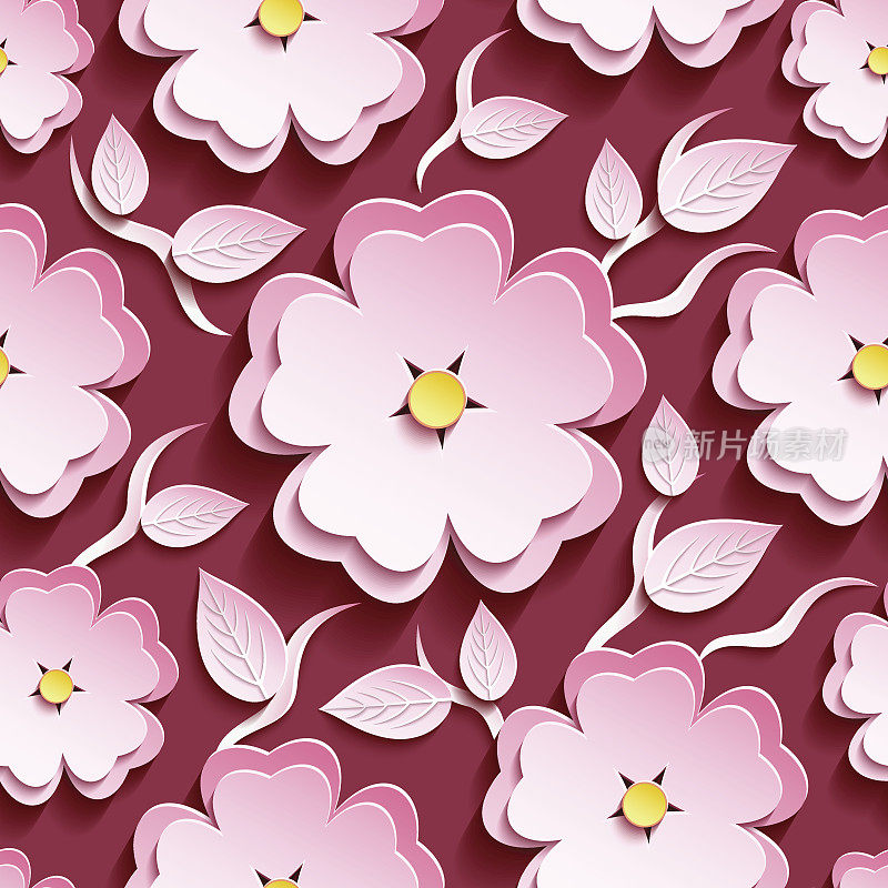 粉红色无缝图案与3d樱花和叶子