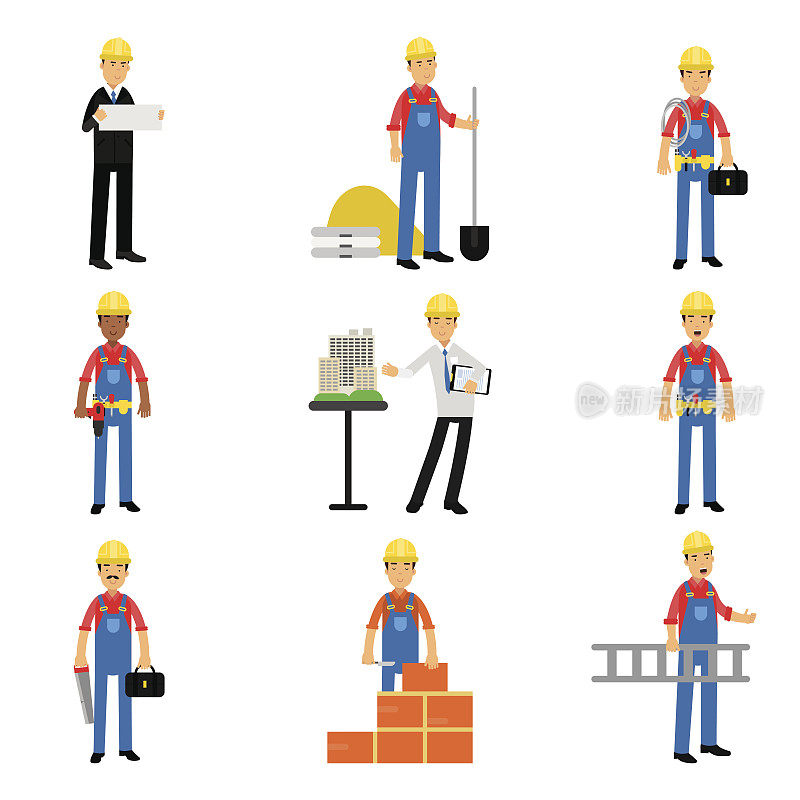 建筑工程产业工人在工作的卡通人物矢量插图