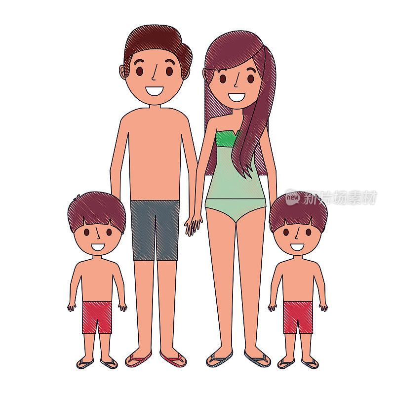 一家人穿着泳衣度假
