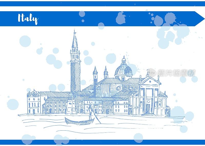 蓝色素描意大利威尼斯码头附近的河老房子和贡德