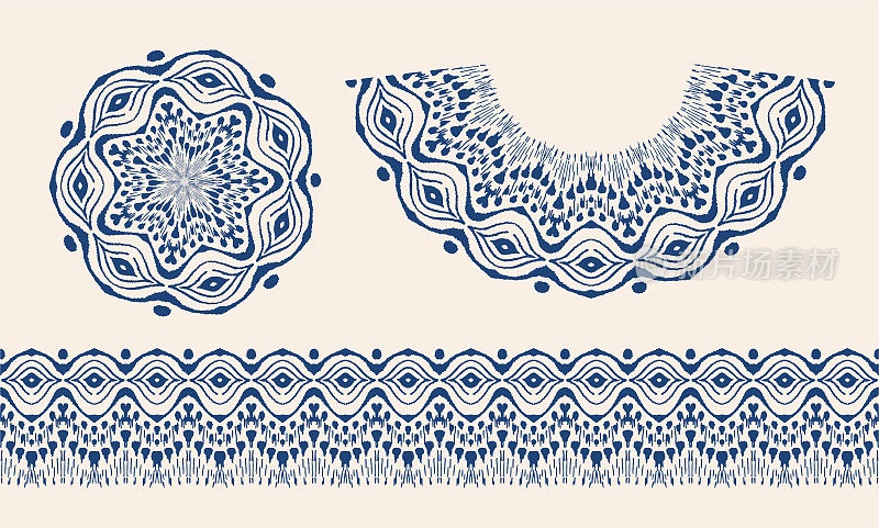一套扎染艺术刷子和花边。向量民族项链。伊卡特模式。Shibori印花与条纹和人字形。