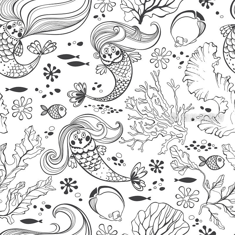 海底世界。无缝模式与美人鱼。黑白矢量插图。