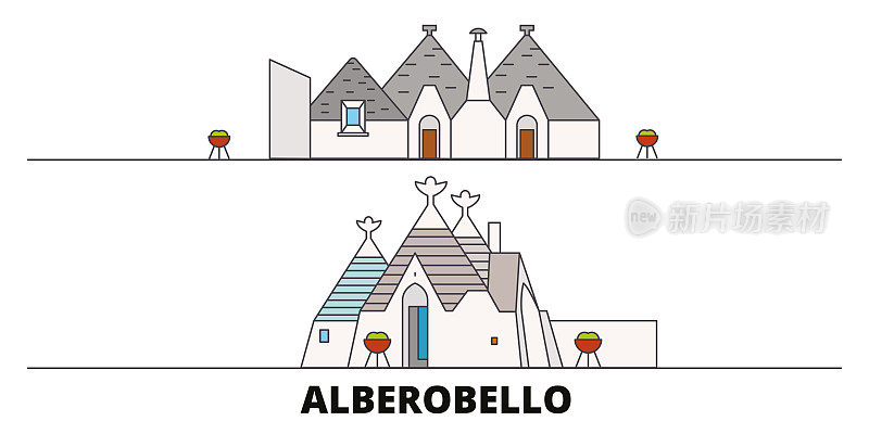 意大利，阿尔贝贝洛平面地标矢量插图。意大利，阿尔贝贝洛线城市具有著名的旅游景点，天际线，设计。