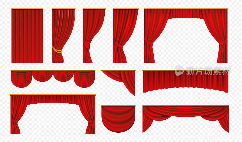 现实的红色窗帘。剧场舞台布帘、豪华婚盖装饰、剧场边框。矢量戏丝孤上白