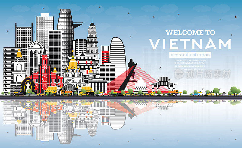 欢迎来到越南灰色建筑和蓝天的天际线。
