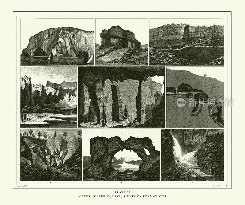 雕刻古董，洞穴，冰山，熔岩和岩层雕刻古董插图，出版1851年