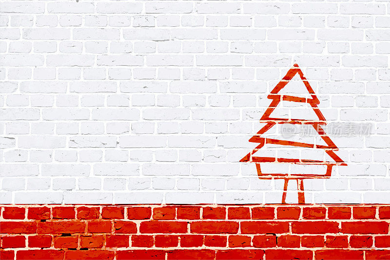 向量插图的创意模块化栗色红色圣诞树在白色砖墙的背景。
