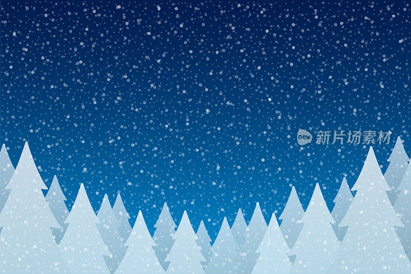 雪花飘落-宁静的圣诞景象与飘落的雪和冷杉树